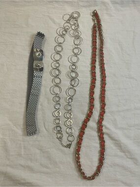 Lot of 3 Women’s Belts/strap Desigual Stretch Mesh Silver Orange Chain Fashion